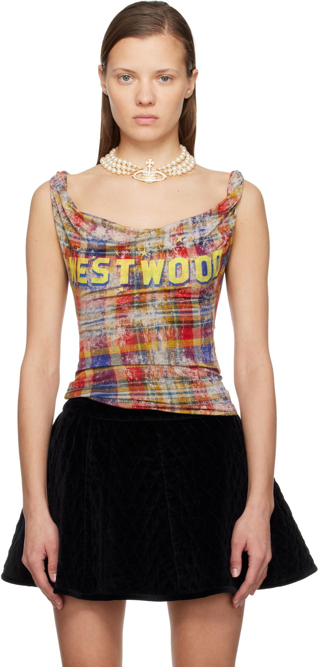 Anna Cowl Neck Plaid Print Tank Top