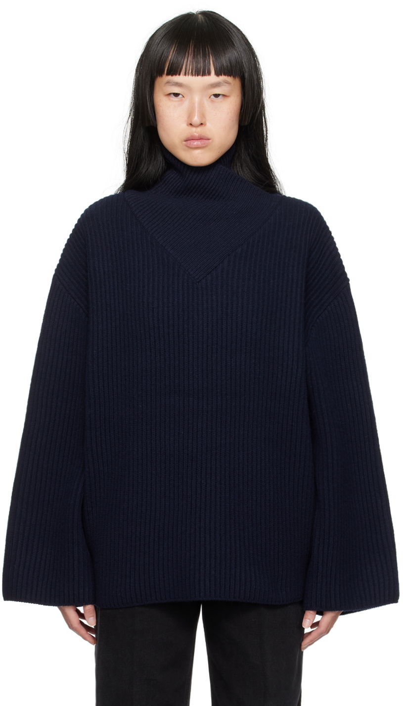 Пуловер TOTEME Turtleneck Ribbed Wool-Blend Sweater Синьо | 234-WRTWTP160-YA0007, 0