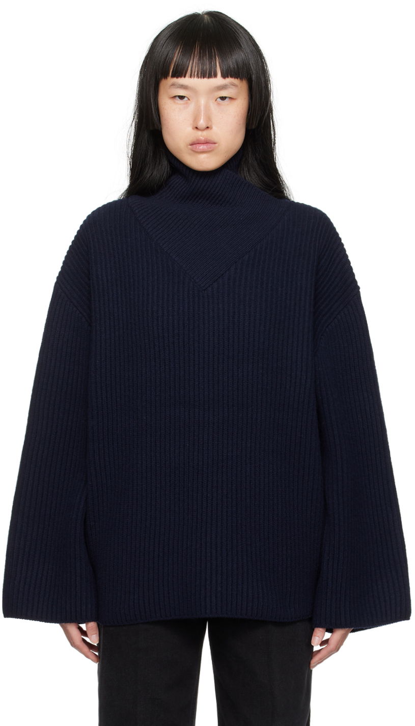 Пуловер TOTEME Turtleneck Ribbed Wool-Blend Sweater Синьо | 234-WRTWTP160-YA0007