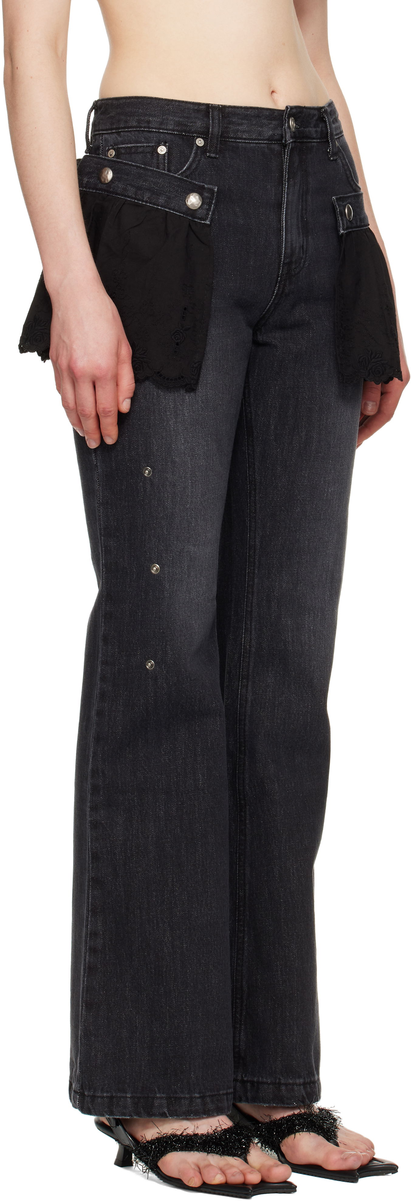 Дънки Andersson Bell Andersson Bell Flower Lace Attached Bootcut Jeans Черно | apa796w, 1