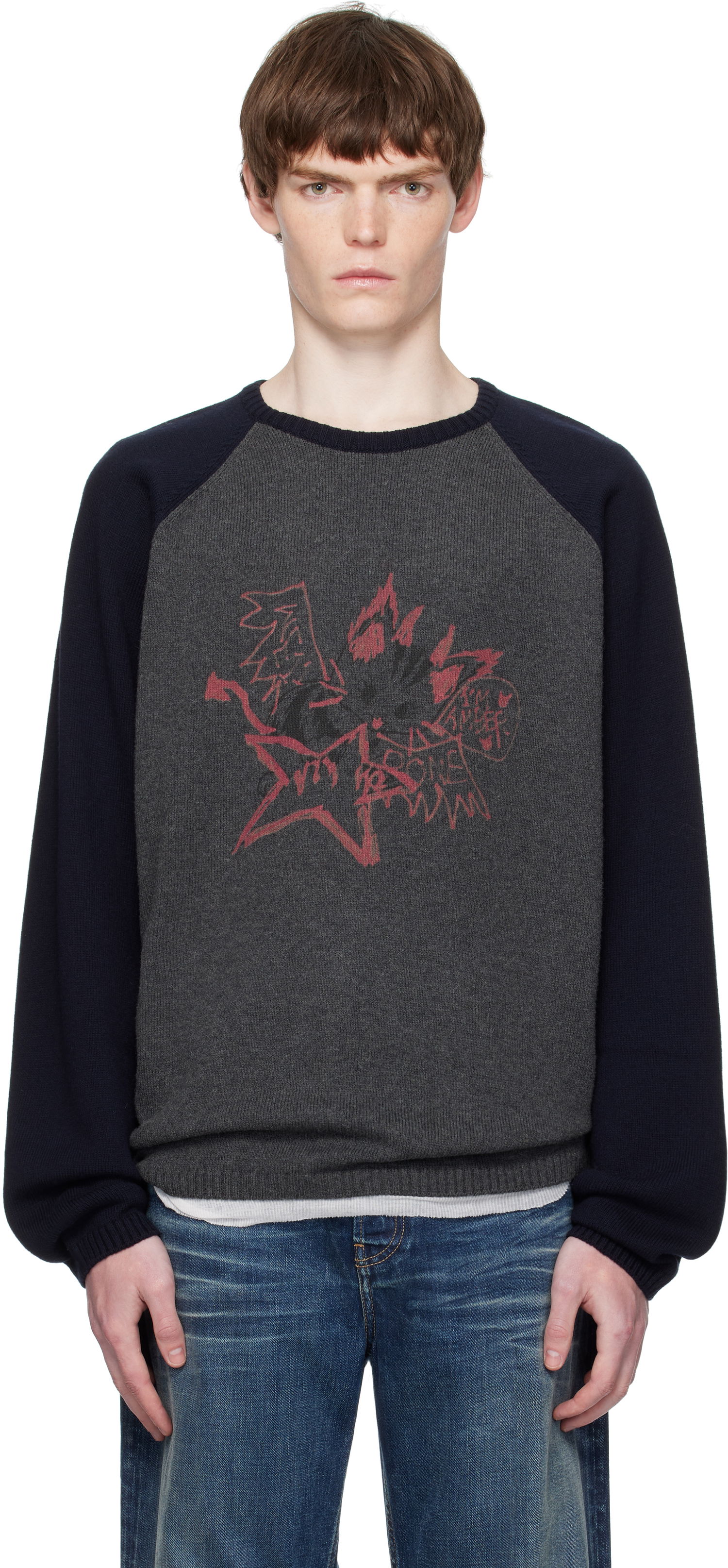 Пуловер We11done We11done Printed Raglan Knit Pullover Sweater Сиво | WD-KO2-25-659-U-CH, 0
