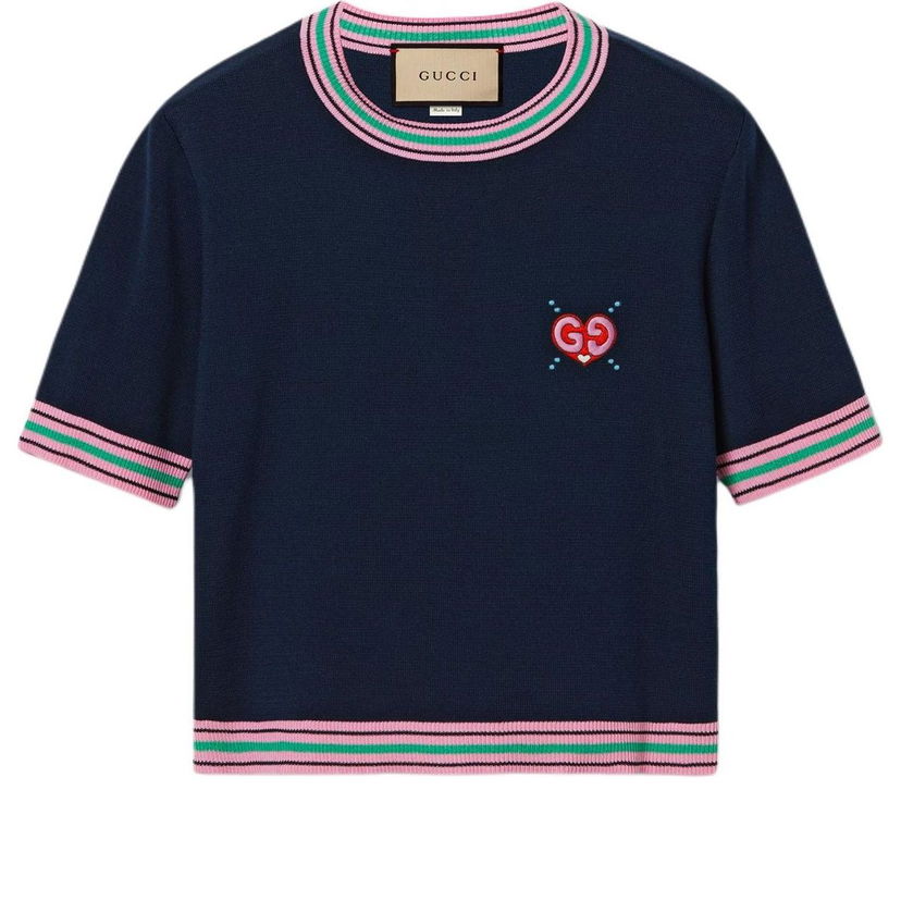 Пуловер Gucci Gucci Fine Knit Sweater With Heart Embroidery Тъмно синьо | 782254-XKD0I-4215