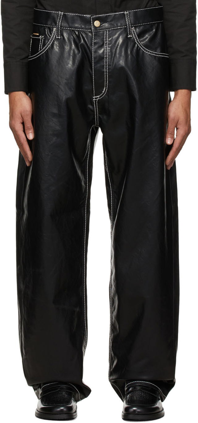 Benz Wide-Leg Vegan Leather Contrast Stitch Trousers