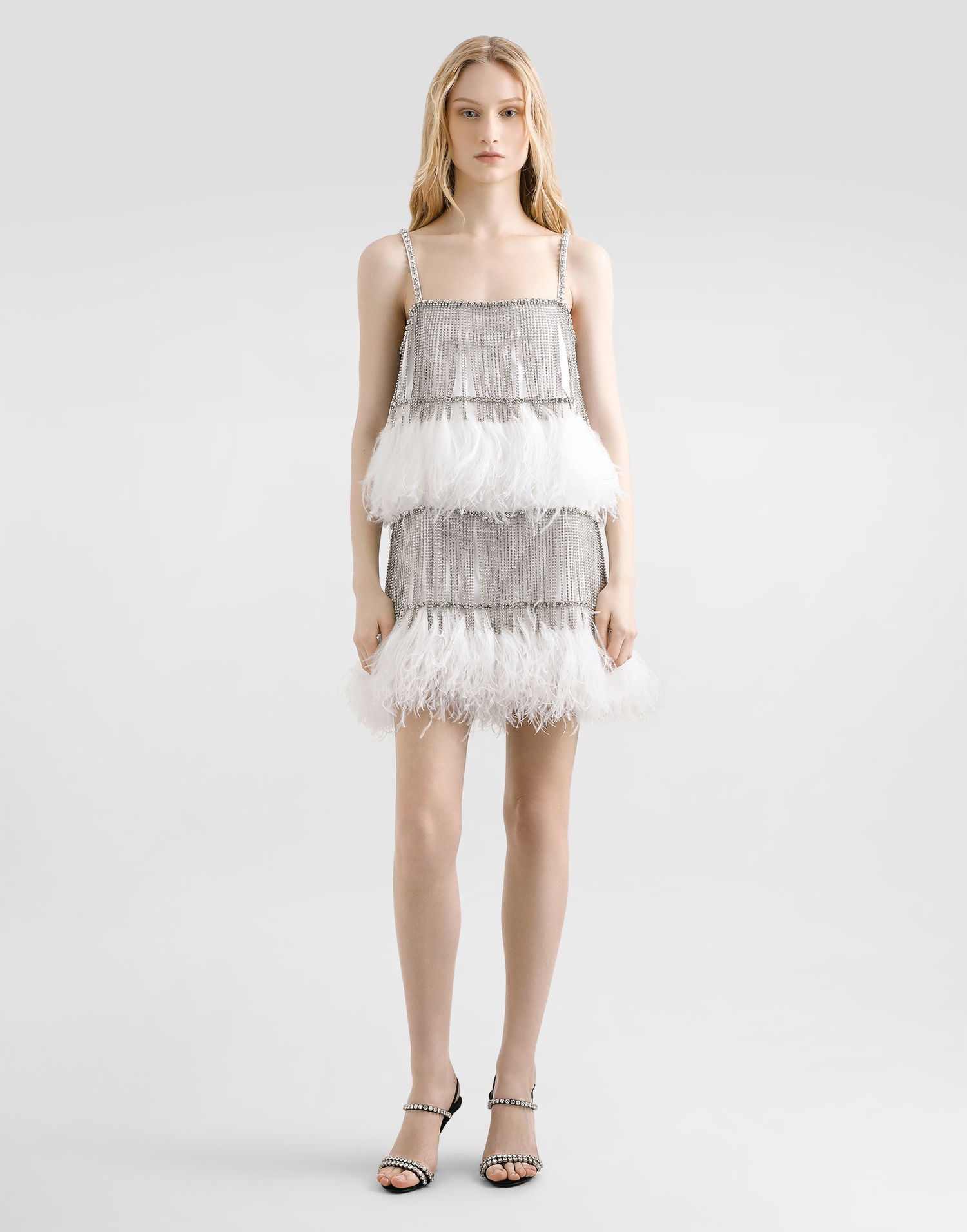 Pокля Dolce & Gabbana Dolce & Gabbana Satin and Feather Mini Dress with Crystal Fringe Бяло | F60FHZGDDI6G1012, 1