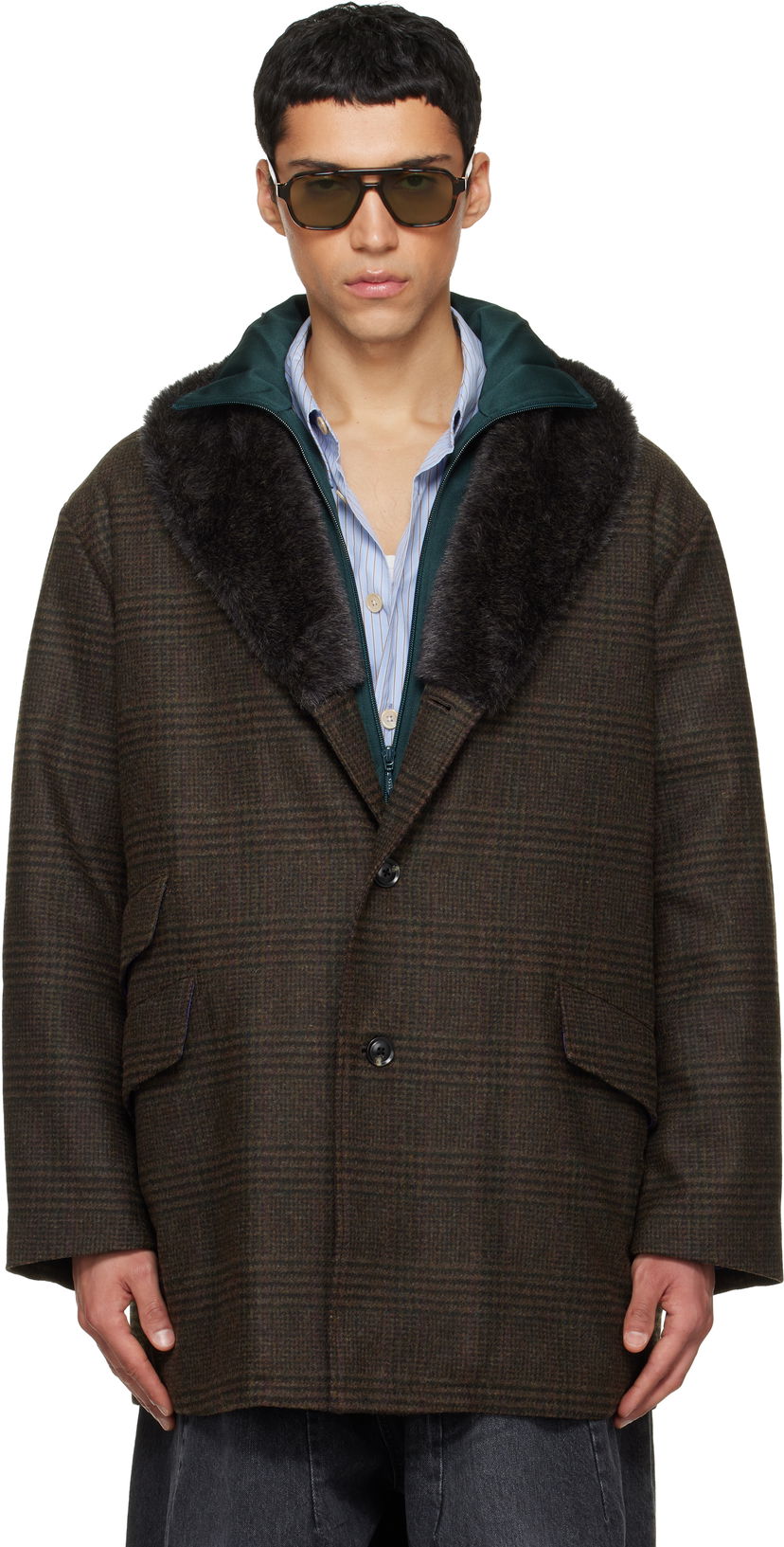 Палта Needles Plaid Faux-Fur Trim Shawl Collar Coat with Zipped Insert Кафяво | RW150