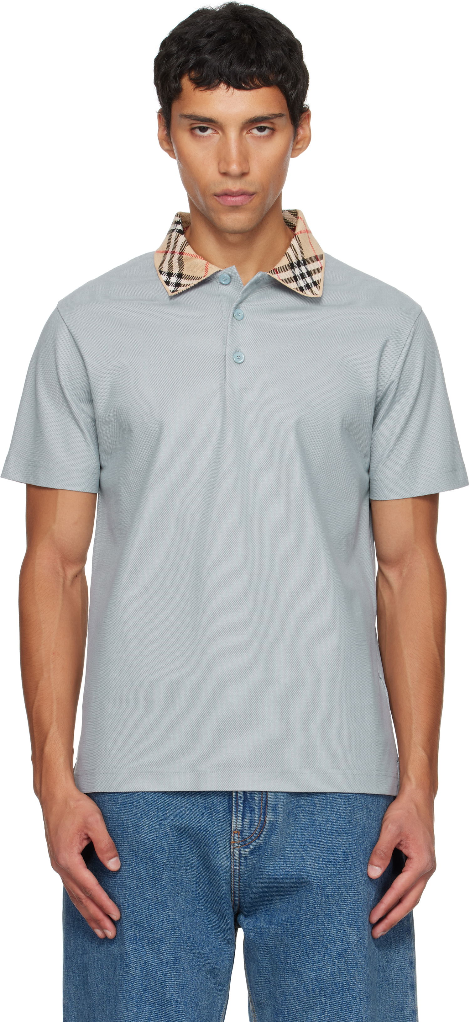 Поло тениска Burberry Burberry Check Collar Cotton Polo Синьо | 8110944, 0