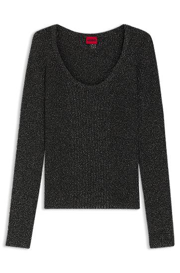 Пуловер BOSS Sparkling Mixed-Rib Long-Sleeve Scoop-Neck Sweater Черно | 50548250, 0