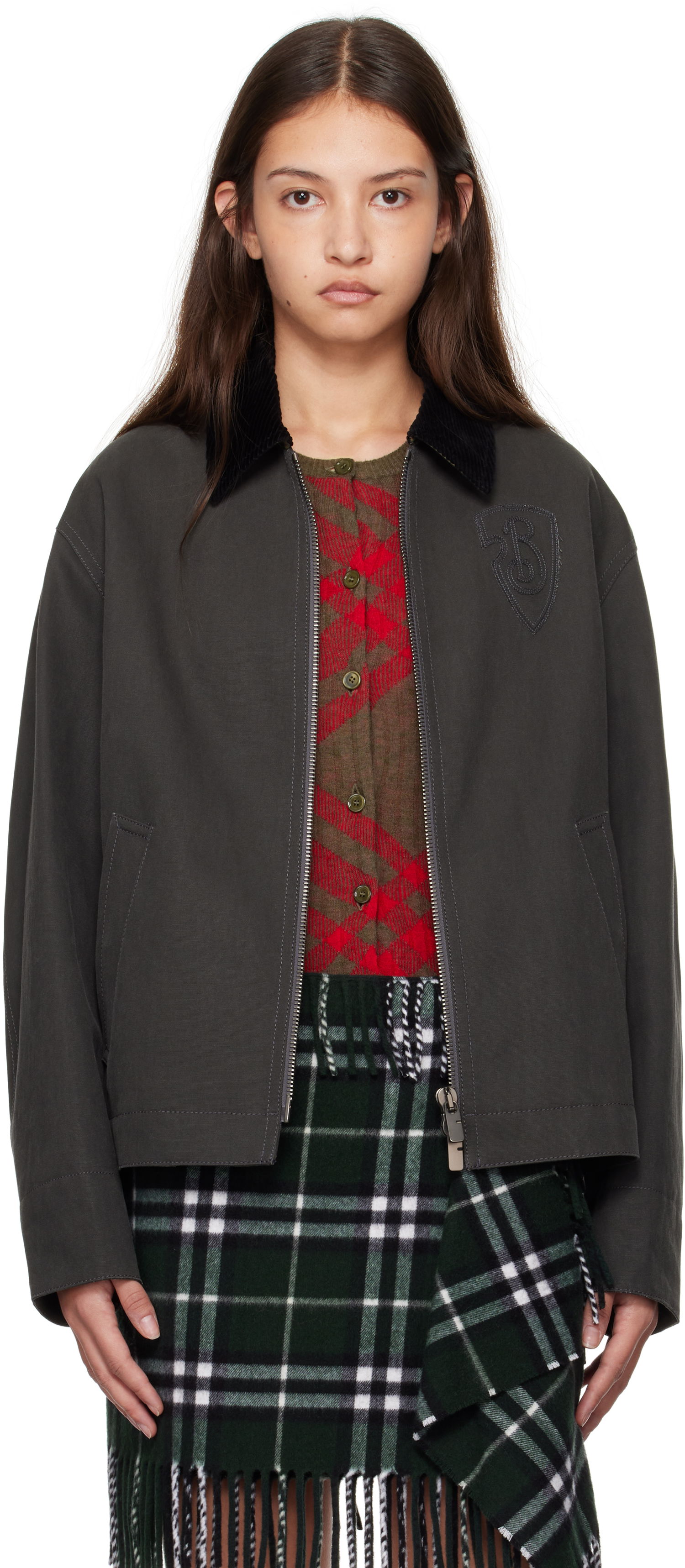Яке Burberry Cotton Jacket With Corduroy Collar Сиво | 8097555, 0