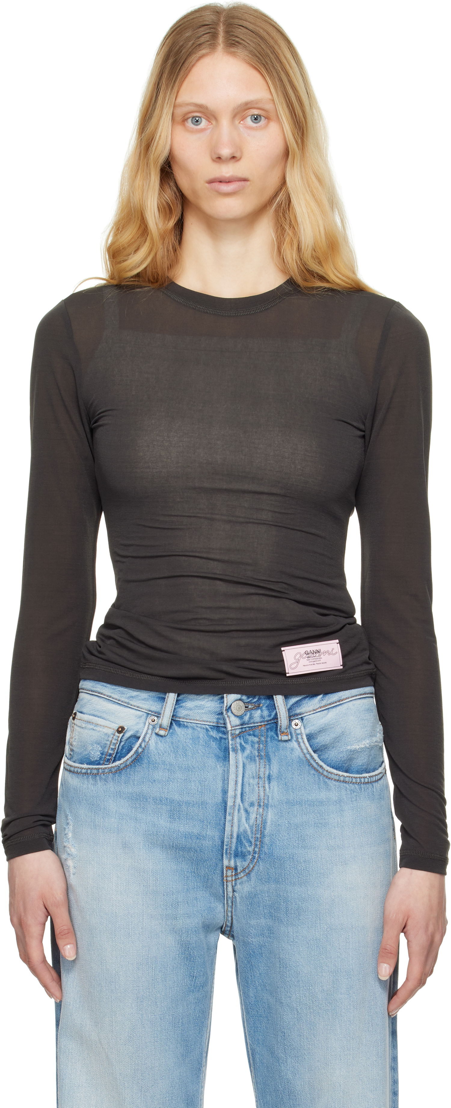 Тениска GANNI GANNI Sheer Mesh Jersey Long Sleeve T-shirt Сиво | T4242, 0
