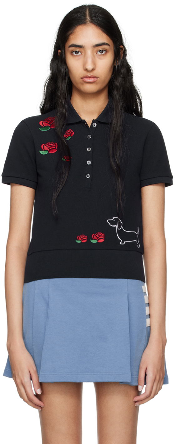 Поло тениска Thom Browne Hector & Rose Embroidered Polo Черно | FJP096E-00050