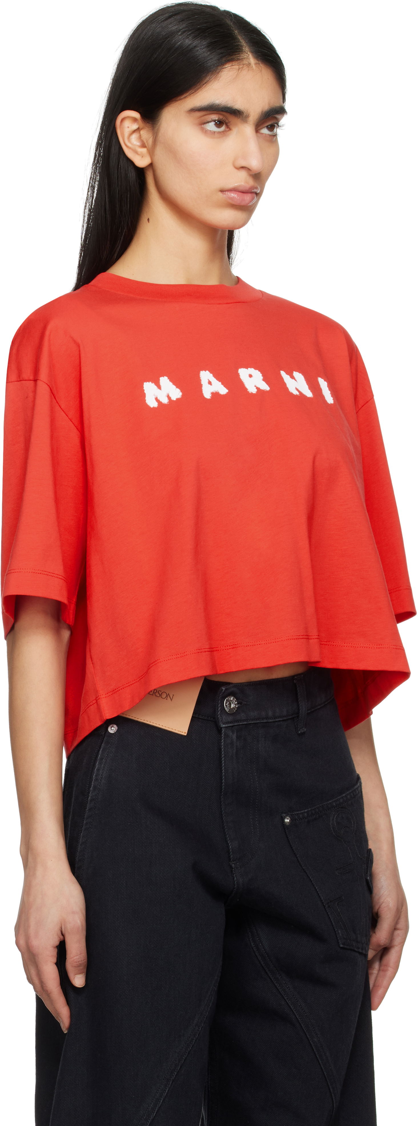 Съкратен топ Marni Marni Boxy Cropped Scribbled Logo T-Shirt Червено | THJE0333P5 USCX42, 1
