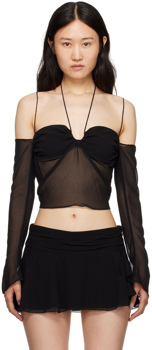 Guizio Gathered Sheer Off-Shoulder Blouse