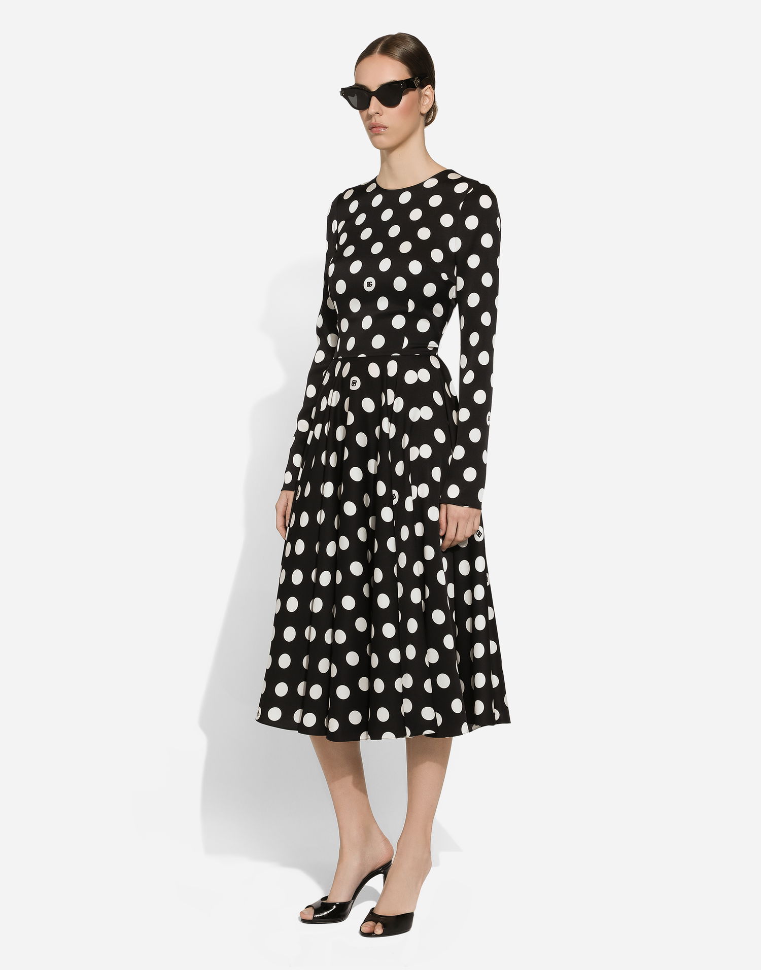 Pокля Dolce & Gabbana Charmeuse Calf-Length Circle-Skirt Polka Dot Print Dress Черно | F6JJLTFSA64HNZSW, 1