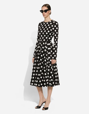 Pокля Dolce & Gabbana Charmeuse Calf-Length Circle-Skirt Polka Dot Print Dress Черно | F6JJLTFSA64HNZSW, 1