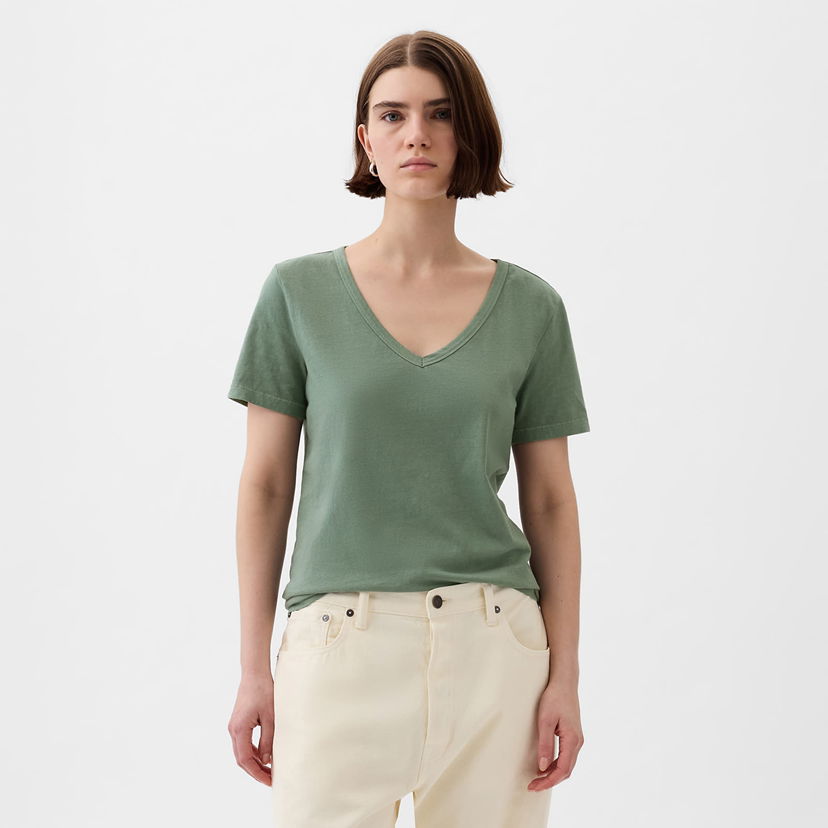 Тениска GAP V-Neck Tee Laurel Wreath Green Зелено | 740140-65