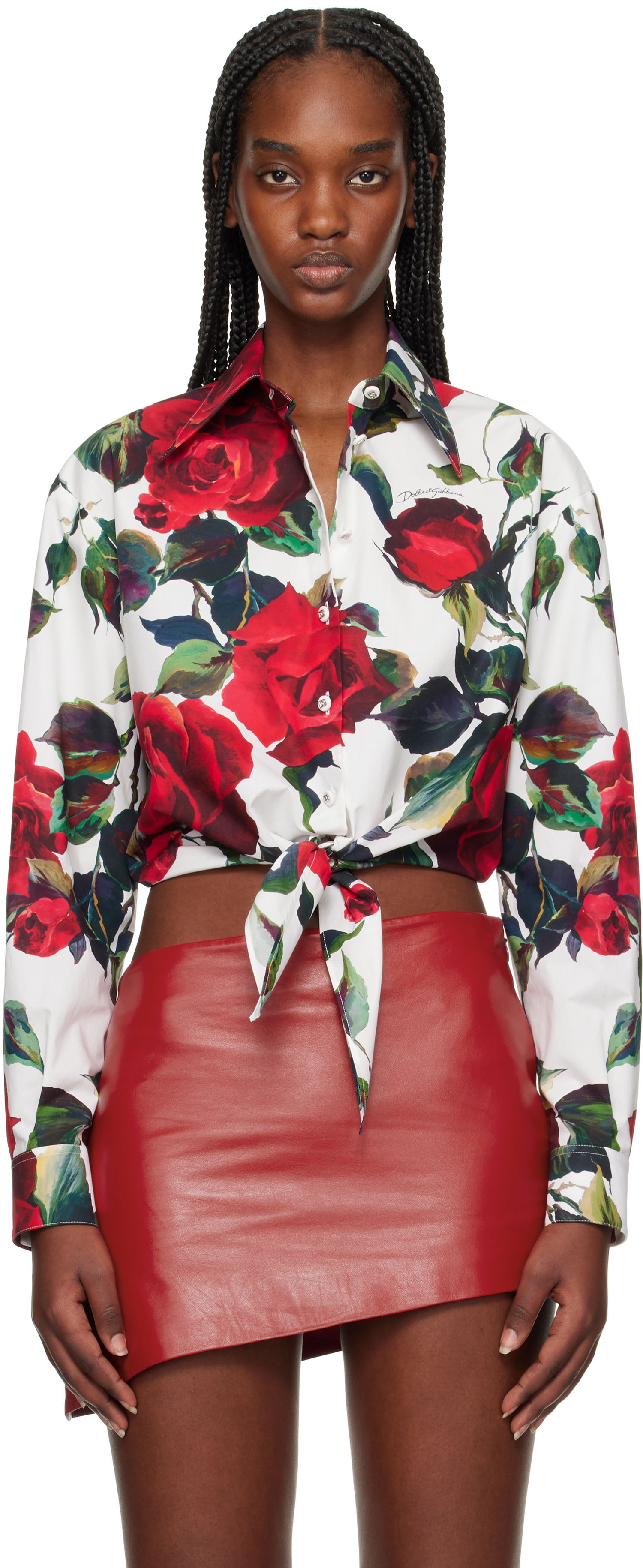 Риза Dolce & Gabbana Dolce&Gabbana Rose Print Tie Front Shirt Бяло | F5S65T HS5S2, 0