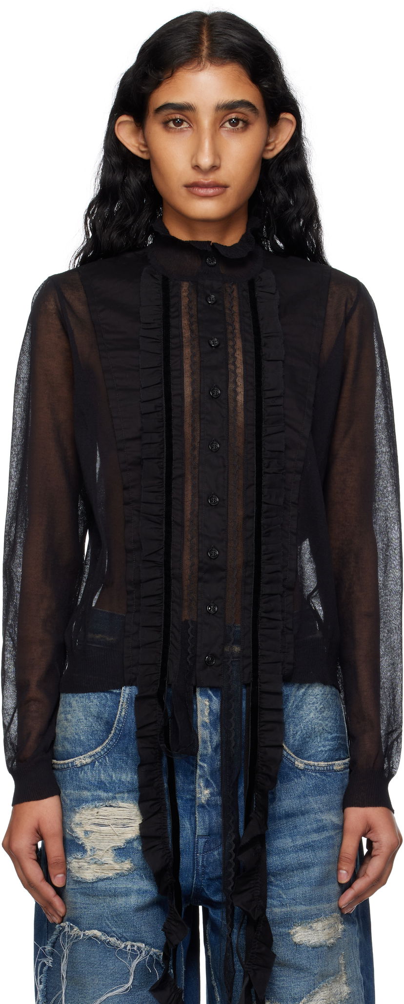 Риза Ann Demeulemeester Ann Demeulemeester Monya Sheer Ruffle Blouse Черно | B0012852-KN008-099