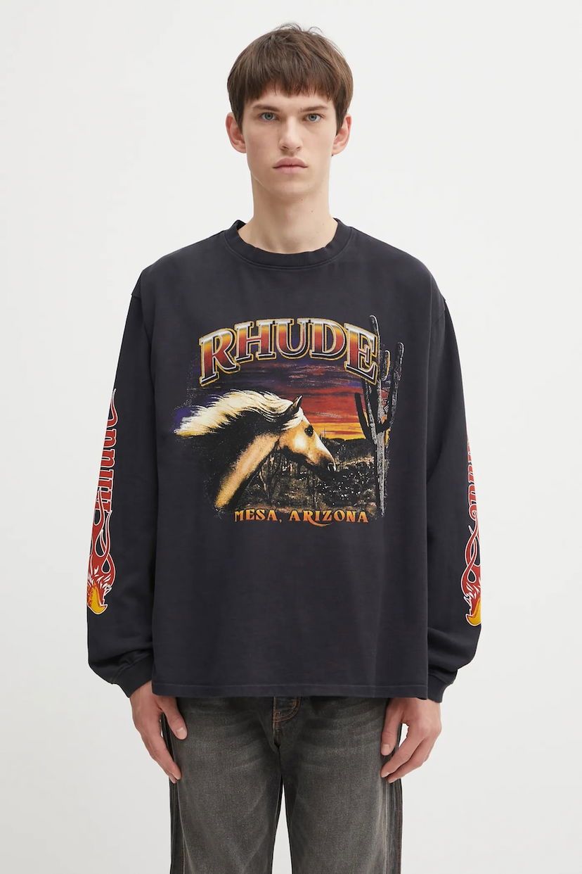 Тениска Rhude Mesa Stallion Long-Sleeved T-Shirt with Graphic Print Черно | RHFW25TT08012