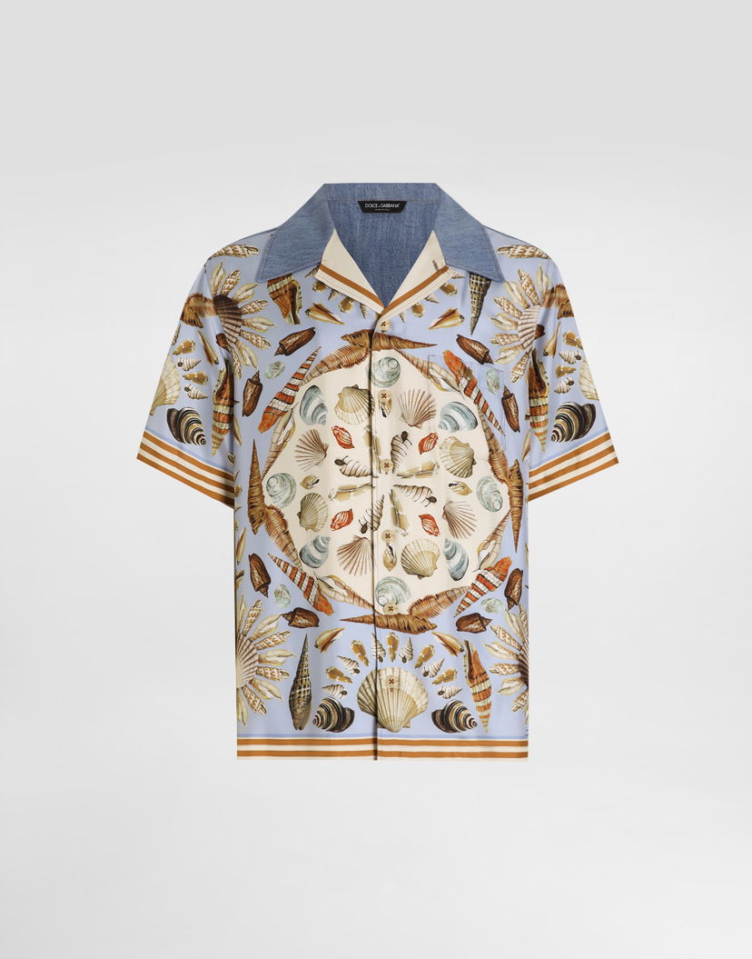 Риза Dolce & Gabbana Silk And Cotton Seashell Print Denim Collar Short Sleeve Shirt Многоцветен | G5JH9DG8NE3S9001