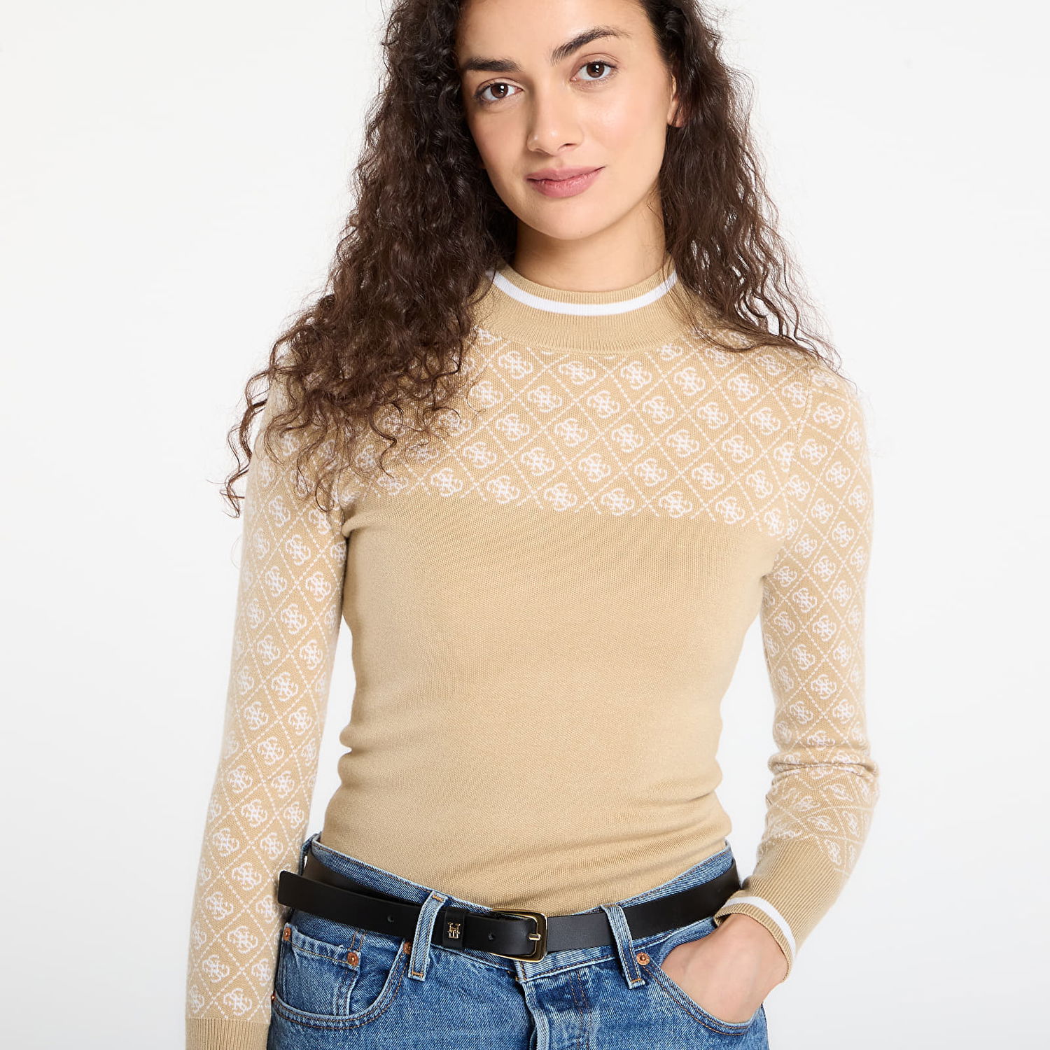Пуловер GUESS Long Sleeve Mock Neck Aubrey 4G Patterned Sweater Бежово | W5BR24Z3JD2-FNI4, 1