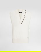 Wool V-Neck Vest With Embroidered Logo And Jeweled Buttons