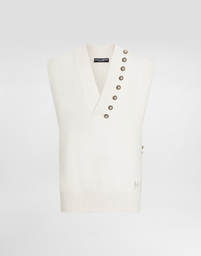 Пуловер Dolce & Gabbana Wool V-Neck Vest With Embroidered Logo And Jeweled Buttons Бяло | GXT29ZJCVWRW0111