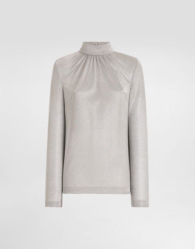 Lamé Jersey Ruched Mock Neck Top