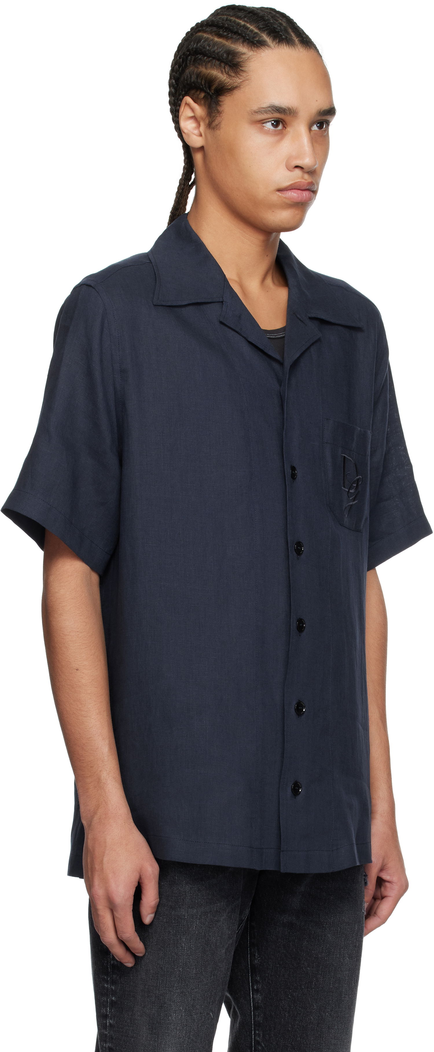 Риза Dolce & Gabbana Dolce&Gabbana Logo Embroidered Linen Resort Shirt Тъмно синьо | G5JH9ZFU4LG, 1