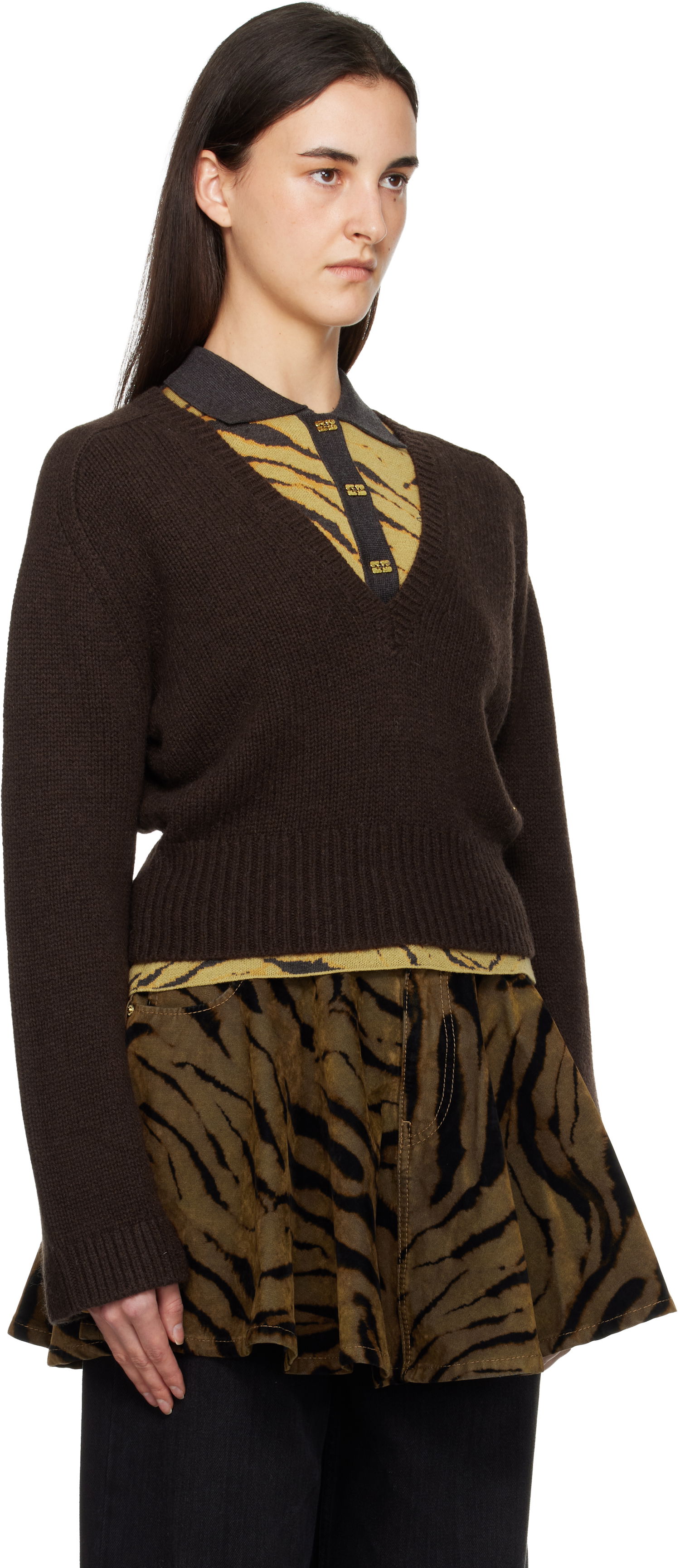 Пуловер GANNI V-Neck Jumper Sweater Кафяво | K2614, 1