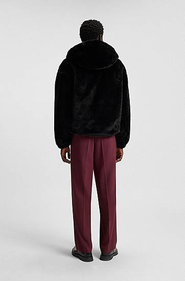 Яке BOSS Faux-fur hooded jacket with embroidered logo Черно | 50546237, 1