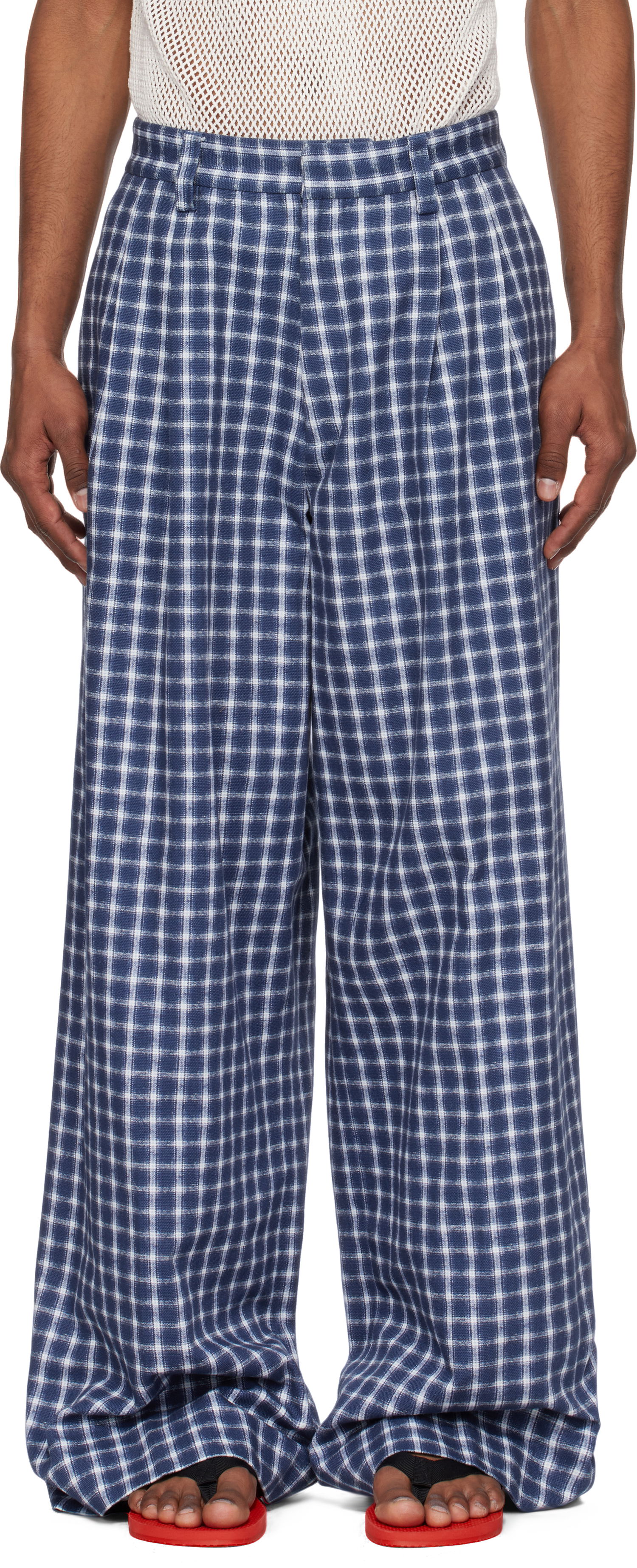 Панталони ERL ERL Check Pleated Tailored Trousers Синьо | ERL10P038, 0