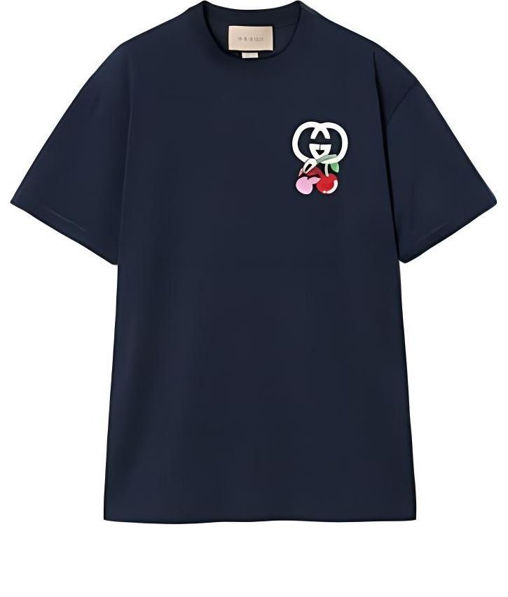 Тениска Gucci Cotton Jersey T-Shirt With Cherry Patch Тъмно синьо | 776596-XJGHK-4215