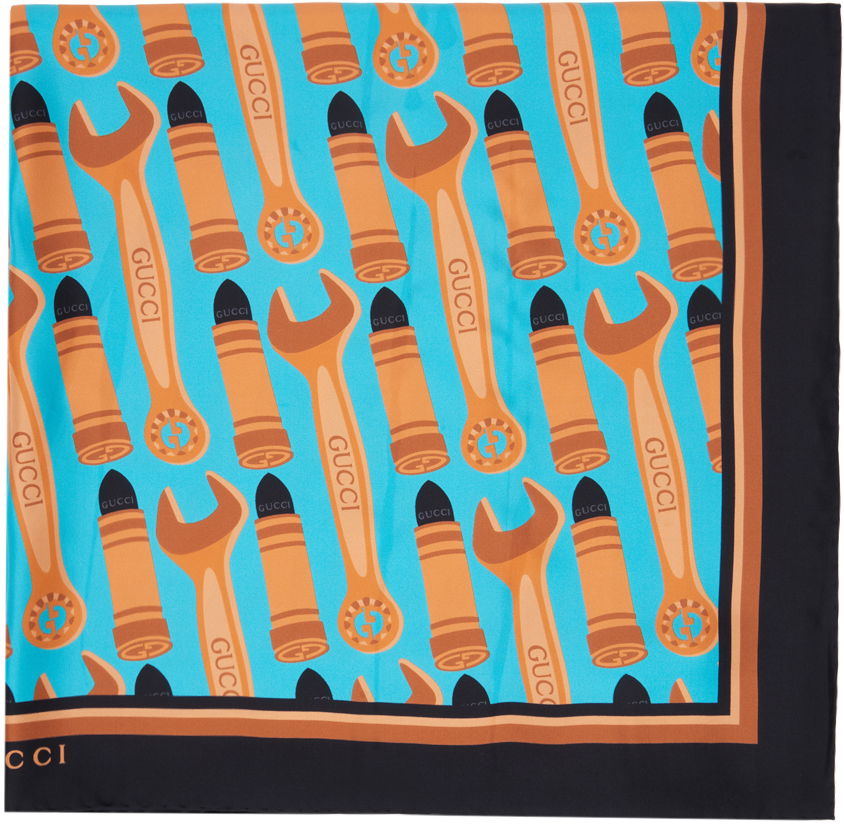 Шал Gucci Lipstick Wrench Silk Scarf "Multicolor" Синьо | 742699 3G001, 0