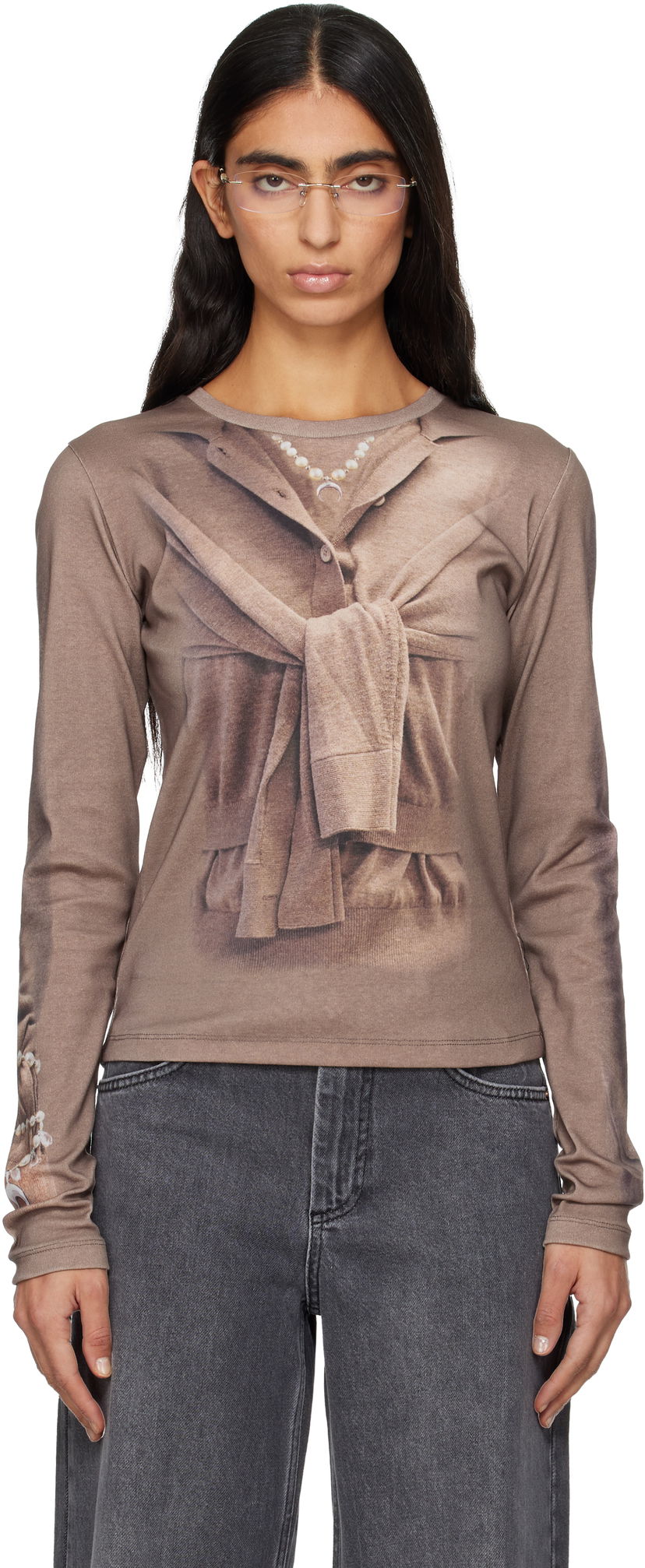 Тениска Marine Serre Trompe-L'Oeil Cardigan Print Knit Jersey Long Sleeve T-Shirt Бежово | WTT032ACJER0091