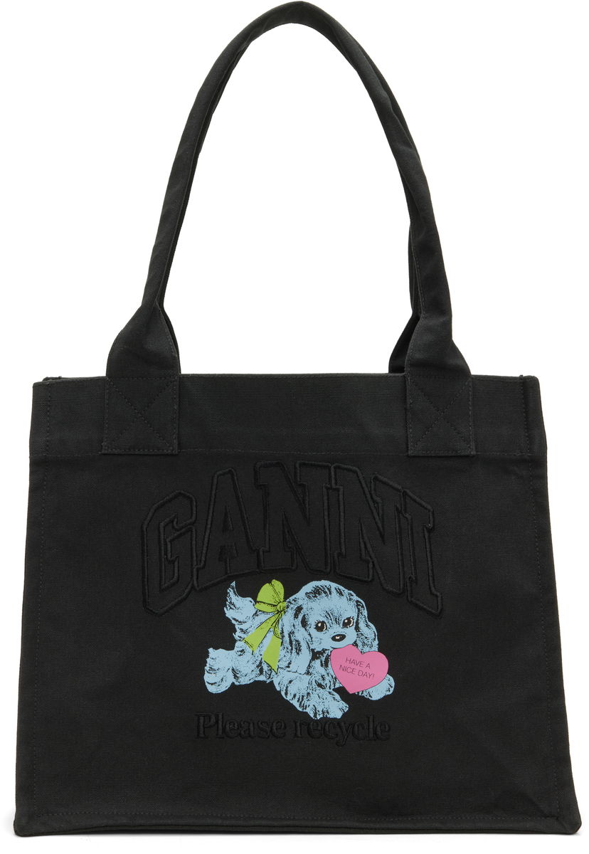 Голяма пазарска чанта GANNI Puppy Graphic 'Please Recycle' Large Tote Черно | A7158