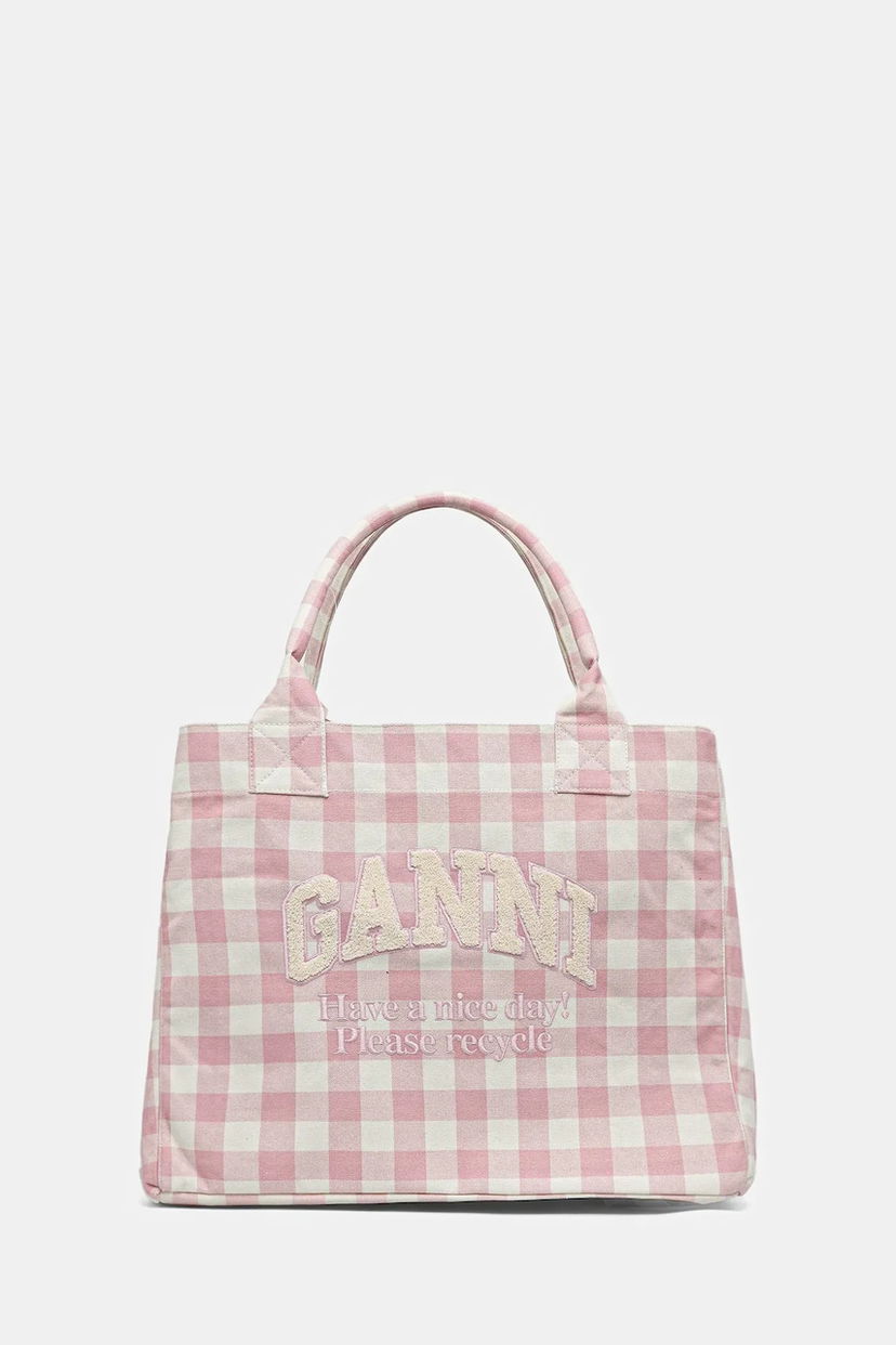 Голяма пазарска чанта GANNI GANNI Shopper XXL Pocket Vichy Tote Bag Розово | A6894