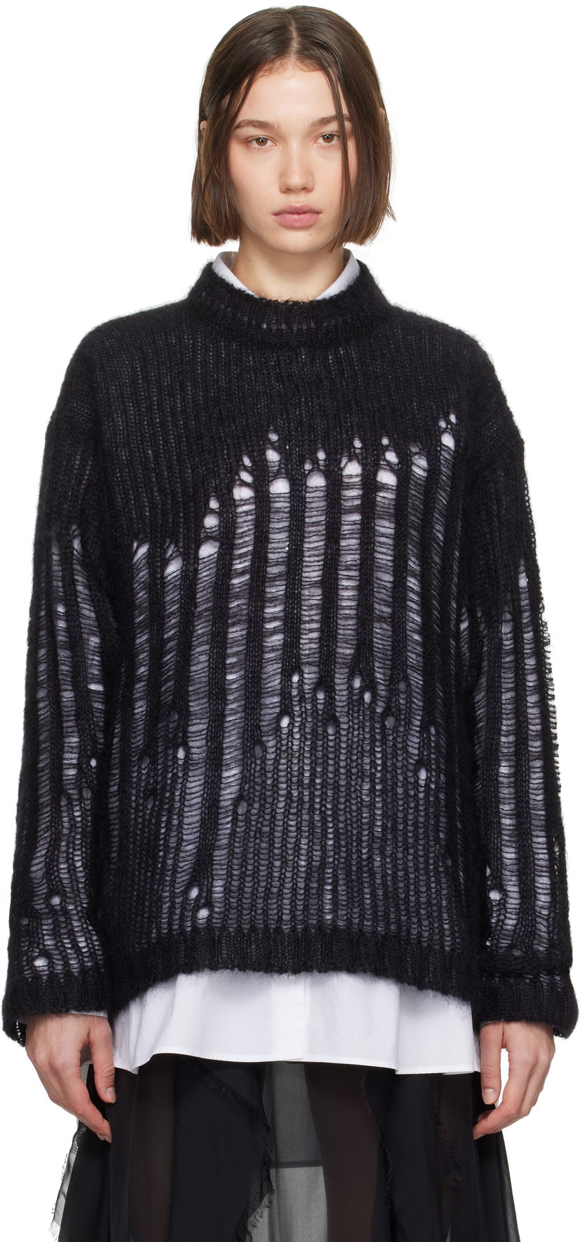 Пуловер Ann Demeulemeester Ann Demeulemeester Rigmor Oversize Distressed Sweater Черно | 2402-W-KN09-KN044-099