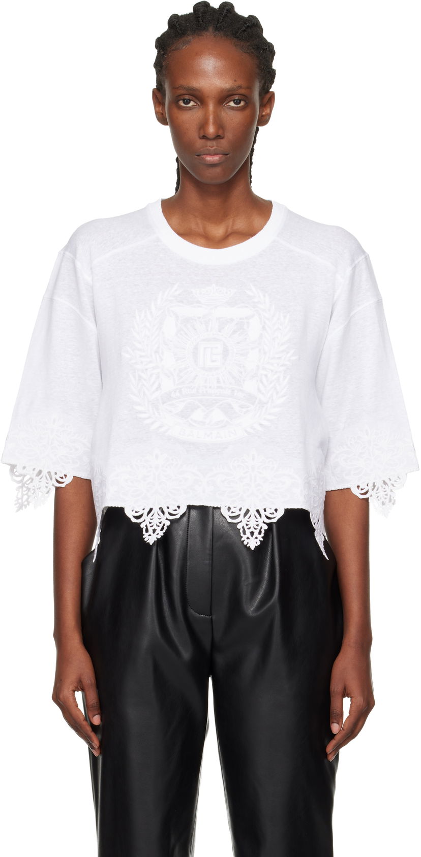 Съкратен топ Balmain Emblem Baseball Lace Trim Cropped T-Shirt Бяло | FF1EE130BD05