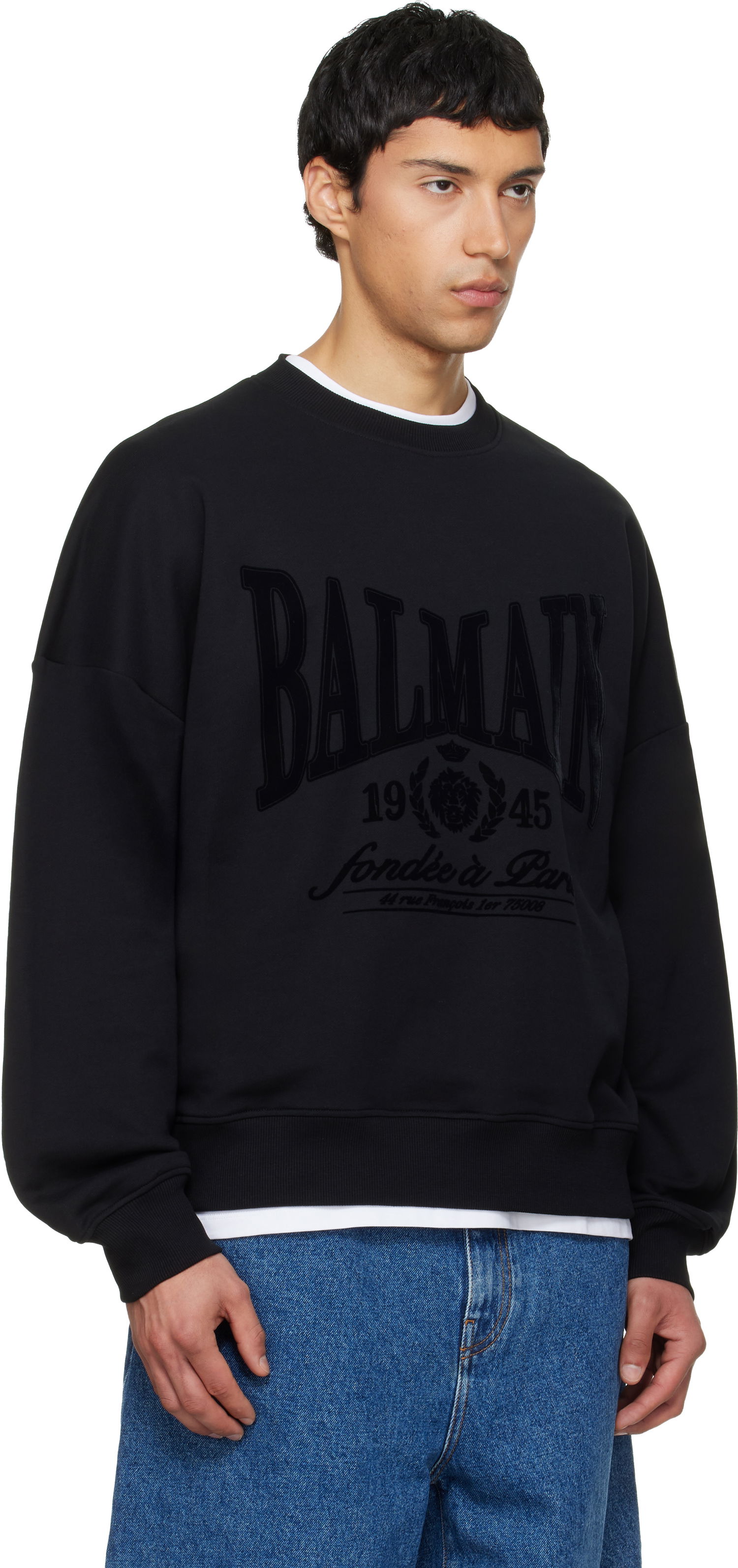 Суитчър Balmain Printed 1945 Crest Cotton Sweatshirt Черно | GH1JS191GF46, 1