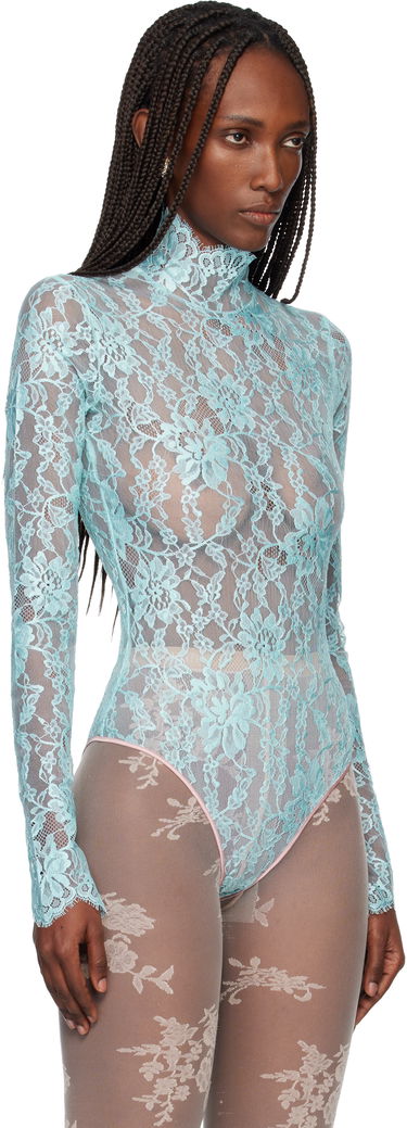 боди Valentino Sheer High-Neck Long-Sleeve Floral Lace Bodysuit Тюркоазено | 7B0MR01Z9TS, 1