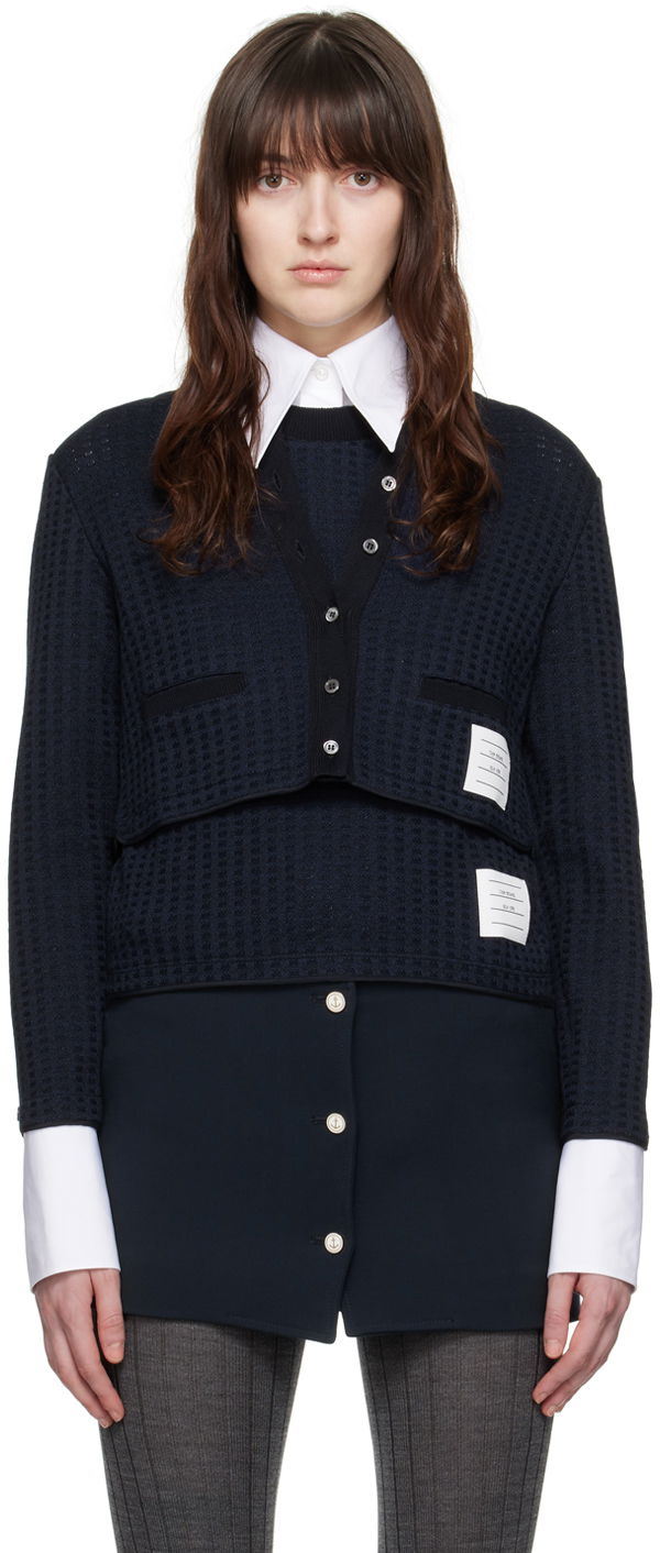 Пуловер Thom Browne Checkered Jacquard Cropped Cardigan Тъмно синьо | FJT323A-J0133