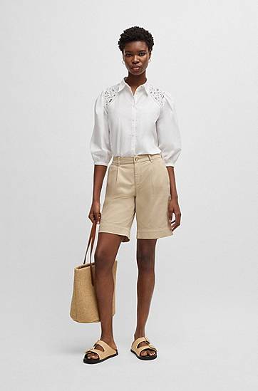 Къси панталони BOSS Relaxed Fit High-Rise Stretch Cotton Shorts Бежово | 50511957, 1