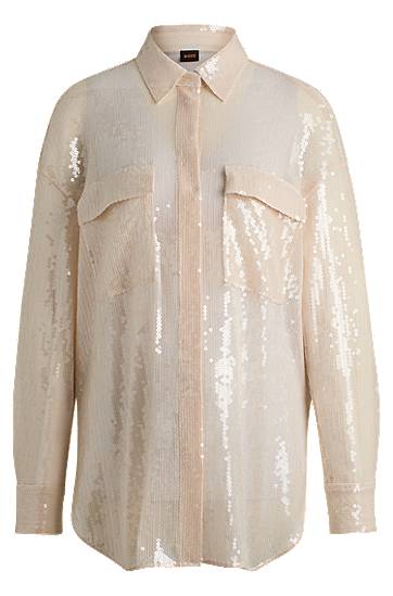 Риза BOSS Relaxed-Fit Sequin Blouse with Point Collar Бежово | 50524263