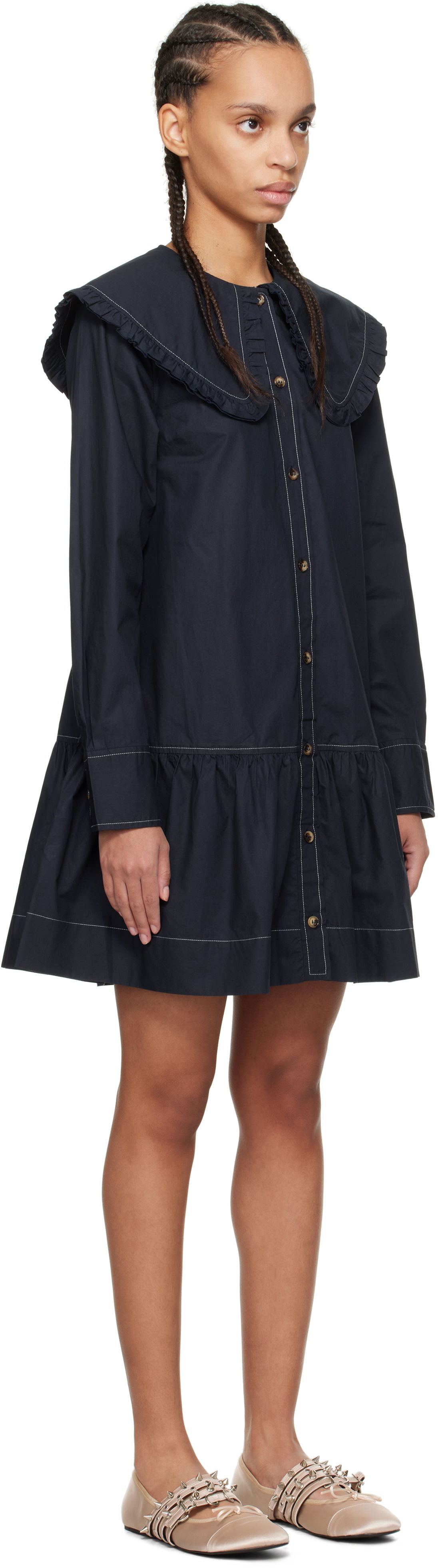 Pокля GANNI Ganni Ruffle Collar Drop Waist Minidress Тъмно синьо | W0157, 1