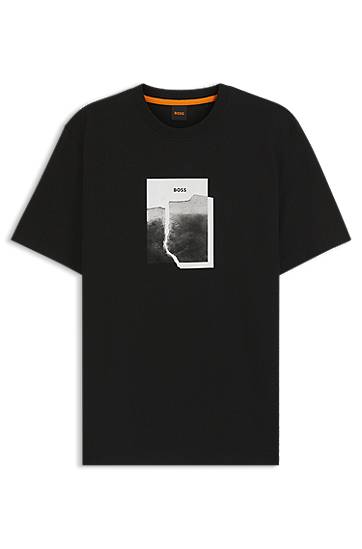 Тениска BOSS Cotton-jersey T-shirt with layered monochrome print Черно | 50554640, 0