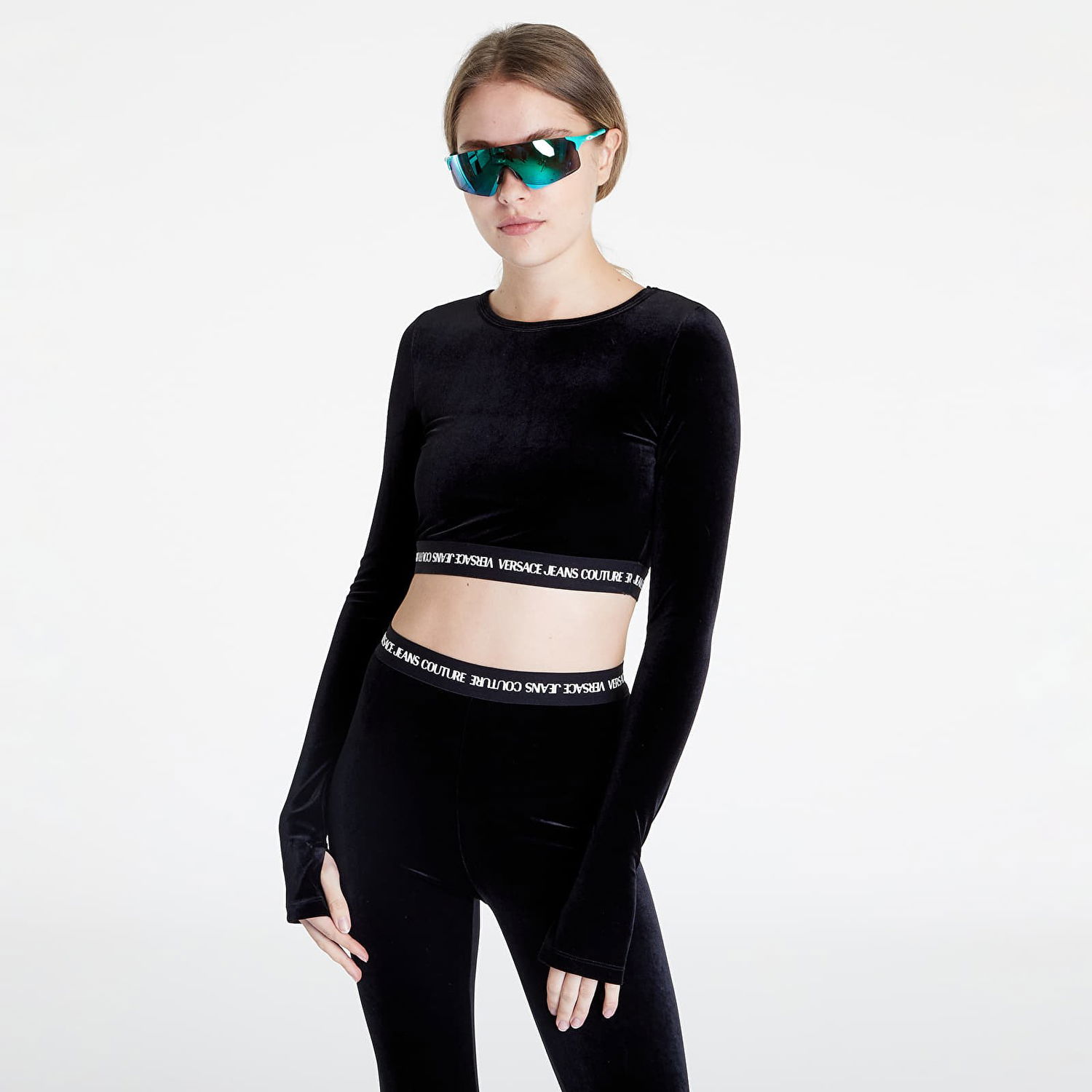 Съкратен топ Versace Velvet Stretch T-Shirt Черно | 73HAH218J0008899, 0