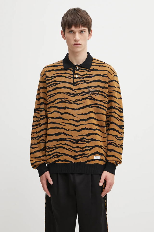 Tiger Pattern Knitted Long-Sleeve Polo