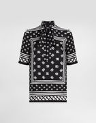 Dolce & Gabbana Short-Sleeved Silk Blouse with Pussy-Bow and DG Logo Print