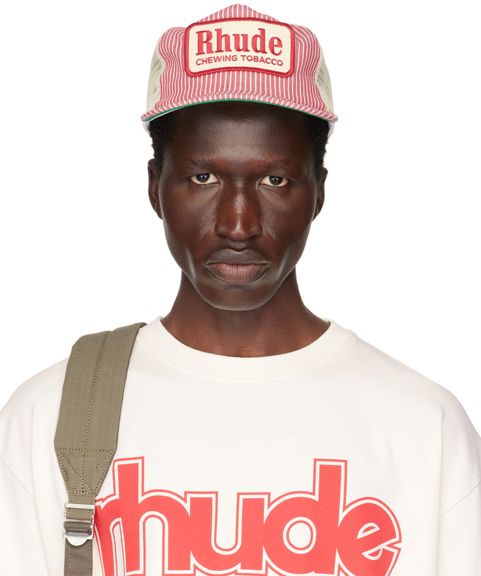 Шапка с козирка Rhude Red & Off-White Striped 'Tobacco' Trucker Cap Червено | RHPF24HA01872, 0