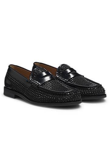 Leather Loafers with Rhinestones and Satin